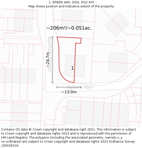 1, SPIERS WAY, DISS, IP22 4YX: Plot and title map