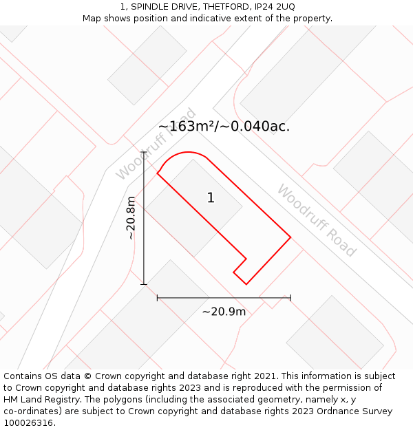 1, SPINDLE DRIVE, THETFORD, IP24 2UQ: Plot and title map