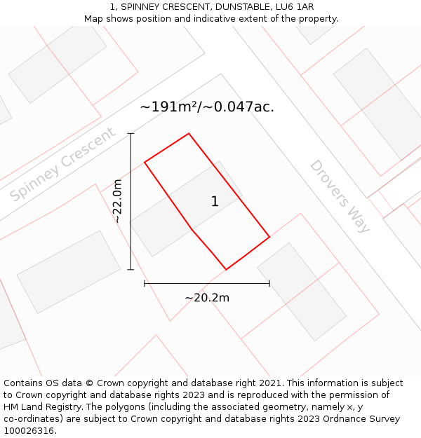 1, SPINNEY CRESCENT, DUNSTABLE, LU6 1AR: Plot and title map