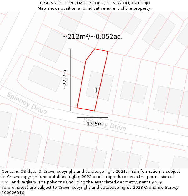 1, SPINNEY DRIVE, BARLESTONE, NUNEATON, CV13 0JQ: Plot and title map