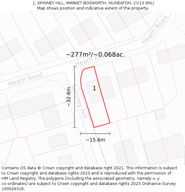 1, SPINNEY HILL, MARKET BOSWORTH, NUNEATON, CV13 0NU: Plot and title map