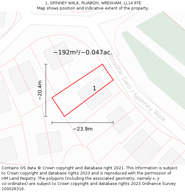 1, SPINNEY WALK, RUABON, WREXHAM, LL14 6TE: Plot and title map