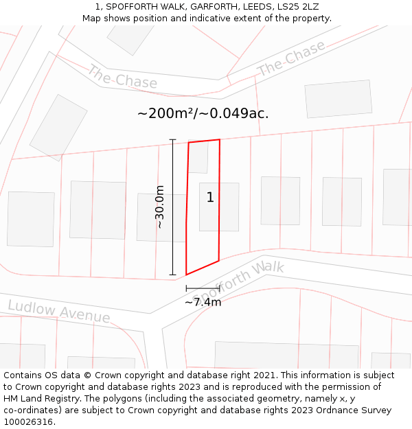 1, SPOFFORTH WALK, GARFORTH, LEEDS, LS25 2LZ: Plot and title map