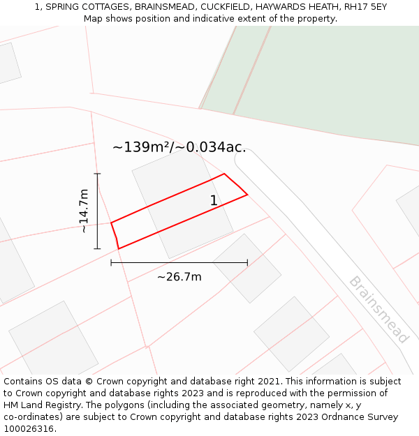 1, SPRING COTTAGES, BRAINSMEAD, CUCKFIELD, HAYWARDS HEATH, RH17 5EY: Plot and title map
