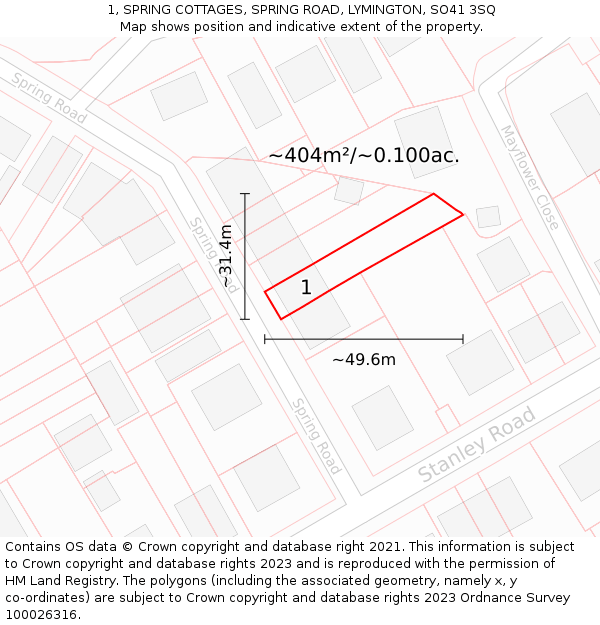 1, SPRING COTTAGES, SPRING ROAD, LYMINGTON, SO41 3SQ: Plot and title map