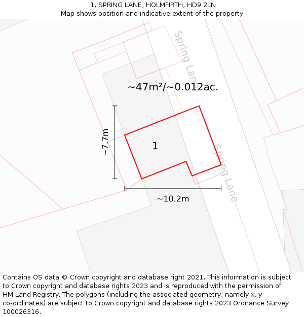1, SPRING LANE, HOLMFIRTH, HD9 2LN: Plot and title map