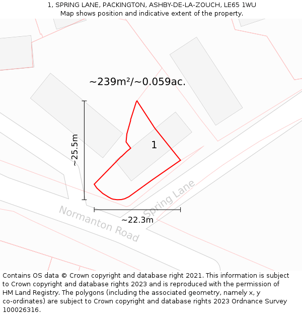 1, SPRING LANE, PACKINGTON, ASHBY-DE-LA-ZOUCH, LE65 1WU: Plot and title map
