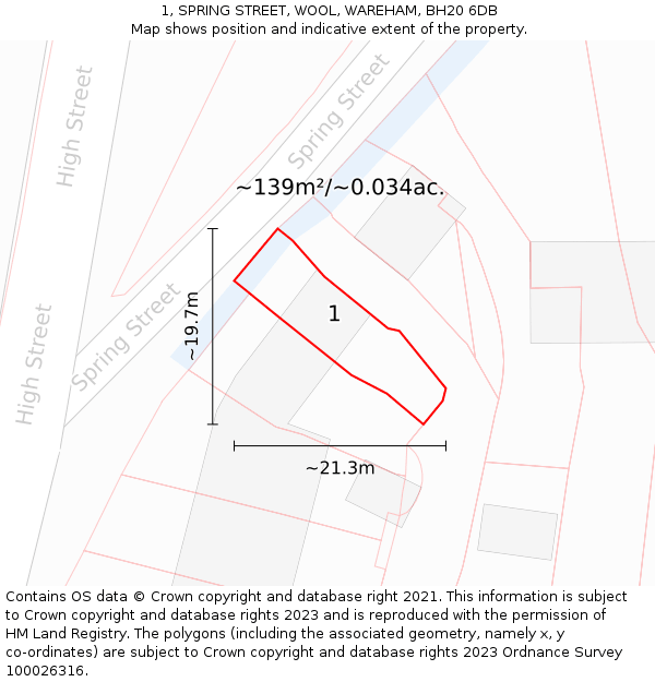 1, SPRING STREET, WOOL, WAREHAM, BH20 6DB: Plot and title map