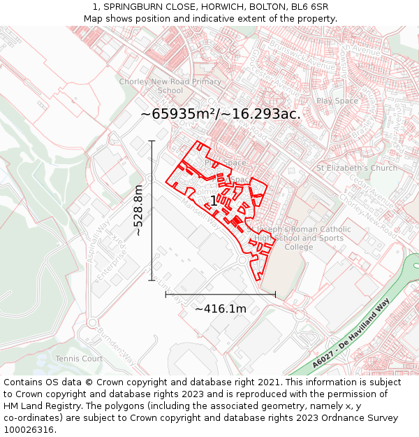 1, SPRINGBURN CLOSE, HORWICH, BOLTON, BL6 6SR: Plot and title map
