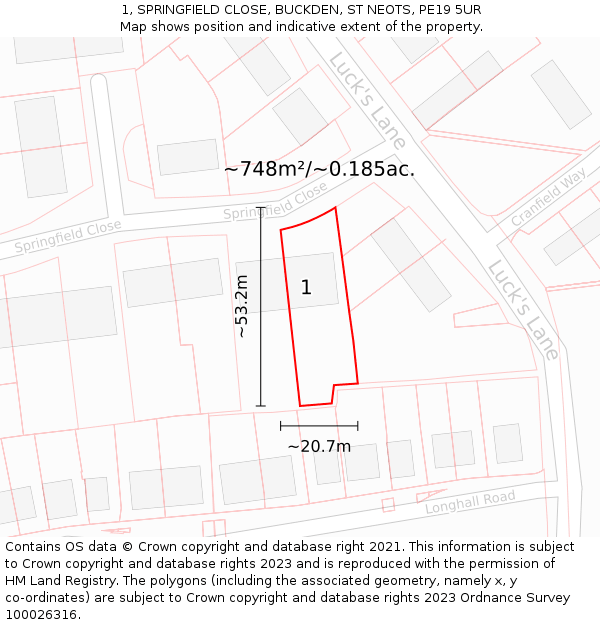 1, SPRINGFIELD CLOSE, BUCKDEN, ST NEOTS, PE19 5UR: Plot and title map