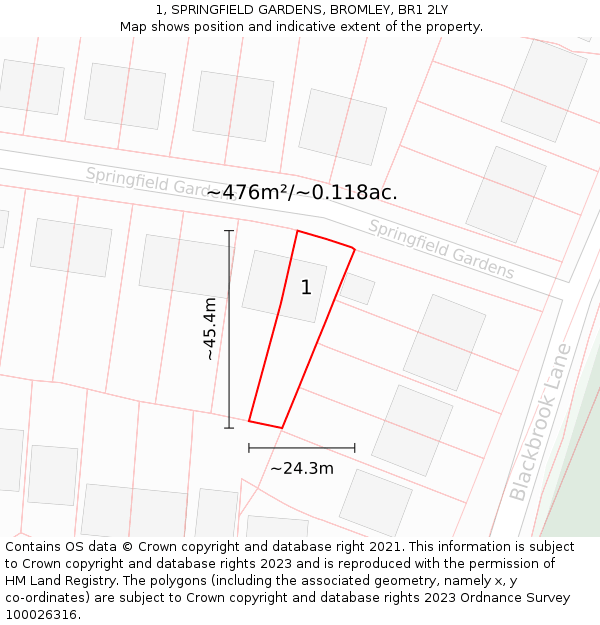 1, SPRINGFIELD GARDENS, BROMLEY, BR1 2LY: Plot and title map