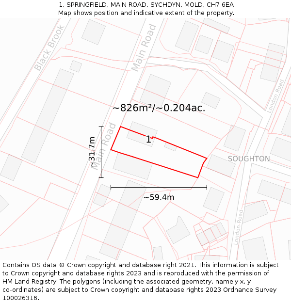 1, SPRINGFIELD, MAIN ROAD, SYCHDYN, MOLD, CH7 6EA: Plot and title map