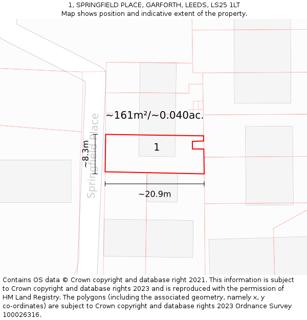 1, SPRINGFIELD PLACE, GARFORTH, LEEDS, LS25 1LT: Plot and title map