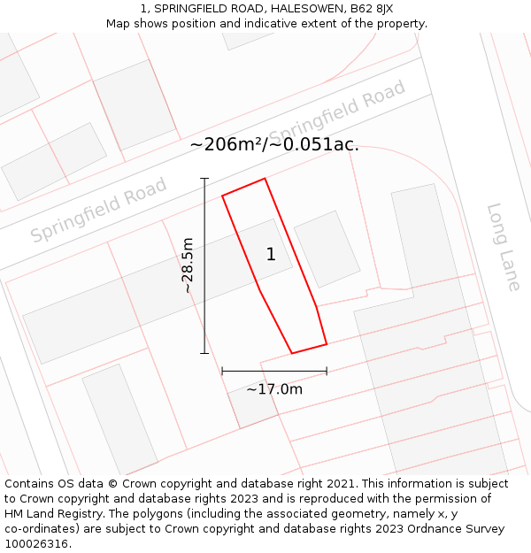 1, SPRINGFIELD ROAD, HALESOWEN, B62 8JX: Plot and title map