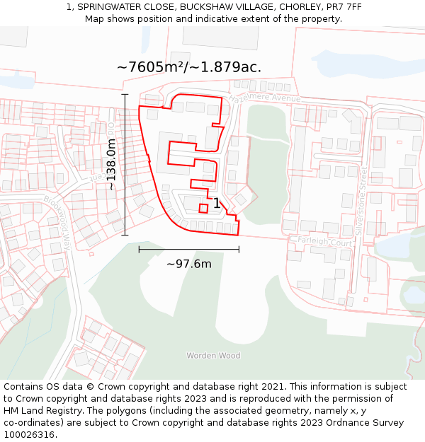 1, SPRINGWATER CLOSE, BUCKSHAW VILLAGE, CHORLEY, PR7 7FF: Plot and title map