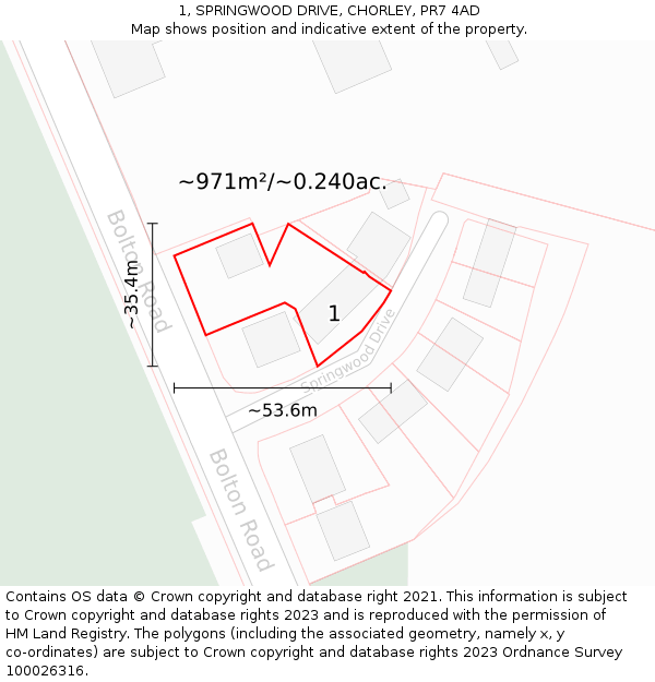 1, SPRINGWOOD DRIVE, CHORLEY, PR7 4AD: Plot and title map