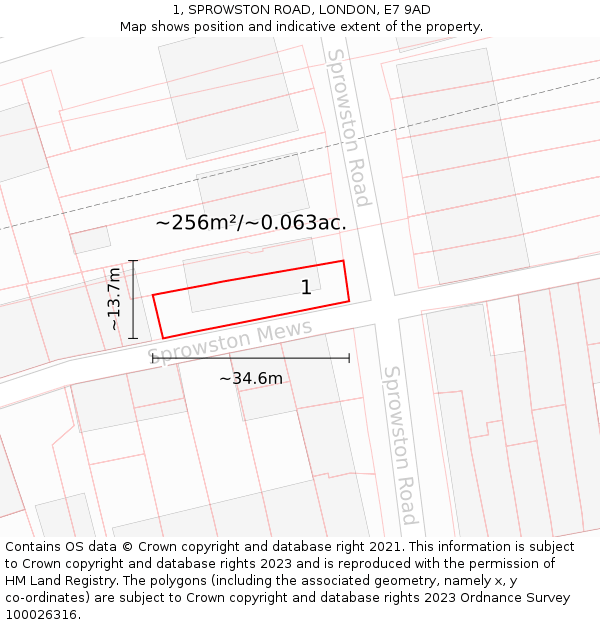 1, SPROWSTON ROAD, LONDON, E7 9AD: Plot and title map