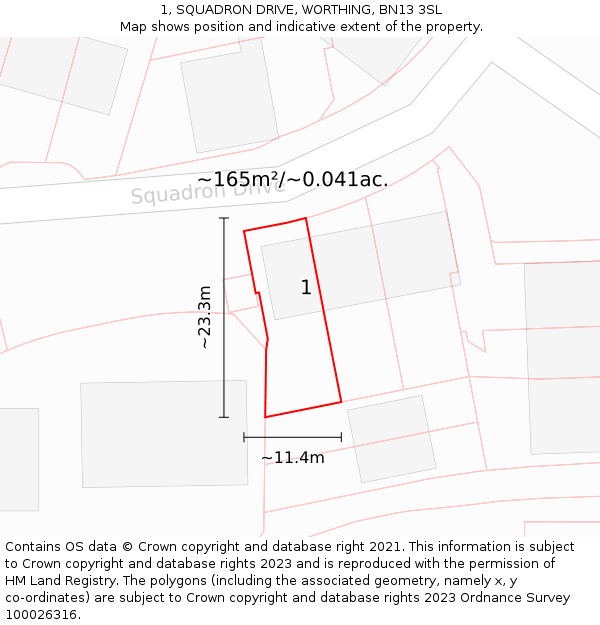 1, SQUADRON DRIVE, WORTHING, BN13 3SL: Plot and title map
