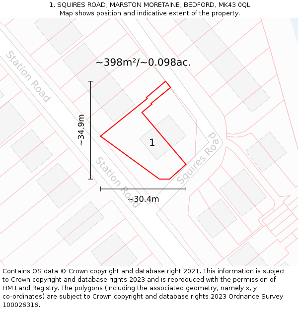 1, SQUIRES ROAD, MARSTON MORETAINE, BEDFORD, MK43 0QL: Plot and title map