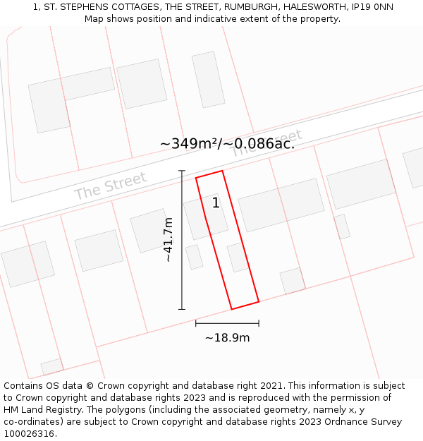 1, ST. STEPHENS COTTAGES, THE STREET, RUMBURGH, HALESWORTH, IP19 0NN: Plot and title map