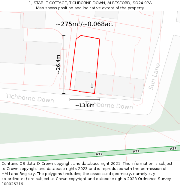 1, STABLE COTTAGE, TICHBORNE DOWN, ALRESFORD, SO24 9PA: Plot and title map