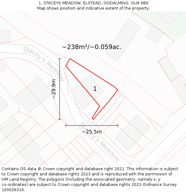 1, STACEYS MEADOW, ELSTEAD, GODALMING, GU8 6BX: Plot and title map