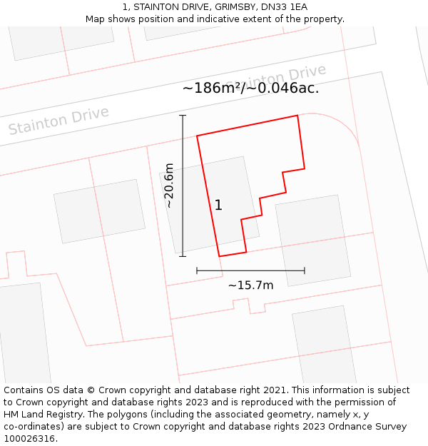 1, STAINTON DRIVE, GRIMSBY, DN33 1EA: Plot and title map