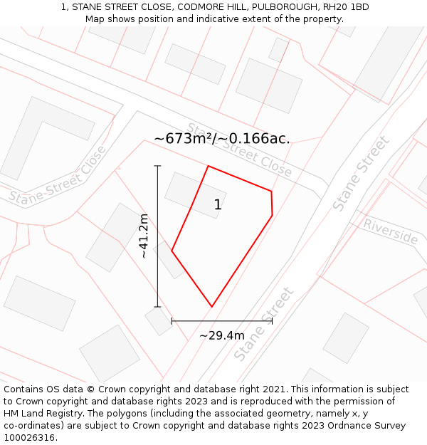 1, STANE STREET CLOSE, CODMORE HILL, PULBOROUGH, RH20 1BD: Plot and title map