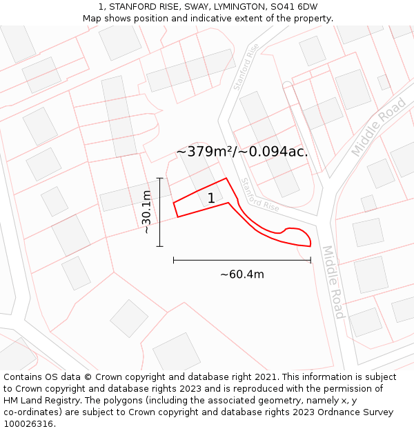 1, STANFORD RISE, SWAY, LYMINGTON, SO41 6DW: Plot and title map