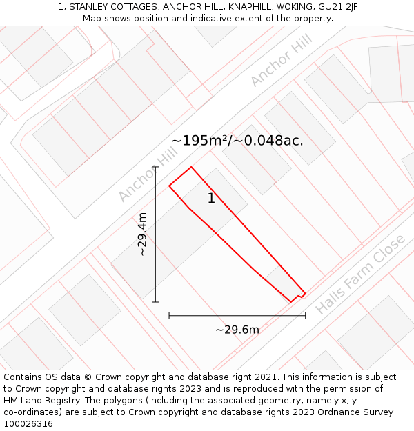 1, STANLEY COTTAGES, ANCHOR HILL, KNAPHILL, WOKING, GU21 2JF: Plot and title map
