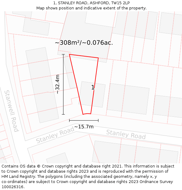 1, STANLEY ROAD, ASHFORD, TW15 2LP: Plot and title map
