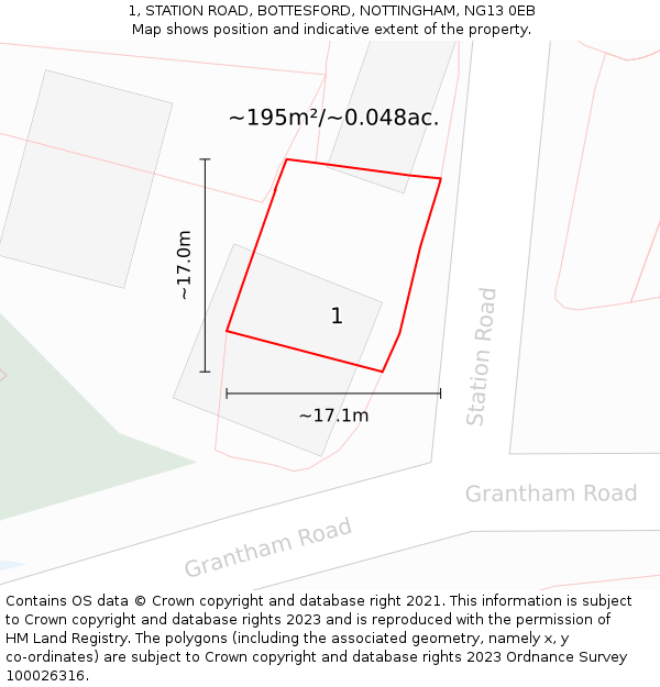 1, STATION ROAD, BOTTESFORD, NOTTINGHAM, NG13 0EB: Plot and title map