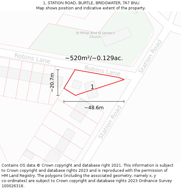 1, STATION ROAD, BURTLE, BRIDGWATER, TA7 8NU: Plot and title map