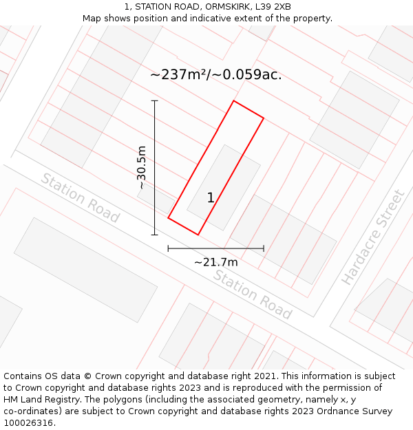 1, STATION ROAD, ORMSKIRK, L39 2XB: Plot and title map