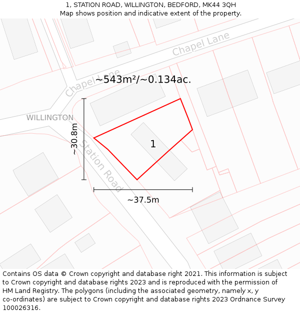 1, STATION ROAD, WILLINGTON, BEDFORD, MK44 3QH: Plot and title map