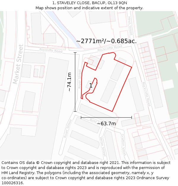 1, STAVELEY CLOSE, BACUP, OL13 9QN: Plot and title map