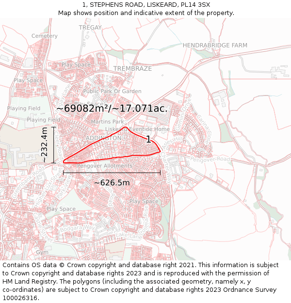 1, STEPHENS ROAD, LISKEARD, PL14 3SX: Plot and title map