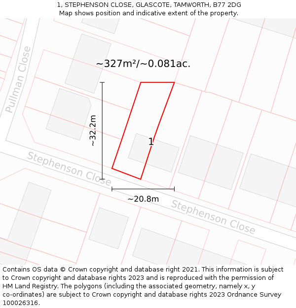 1, STEPHENSON CLOSE, GLASCOTE, TAMWORTH, B77 2DG: Plot and title map