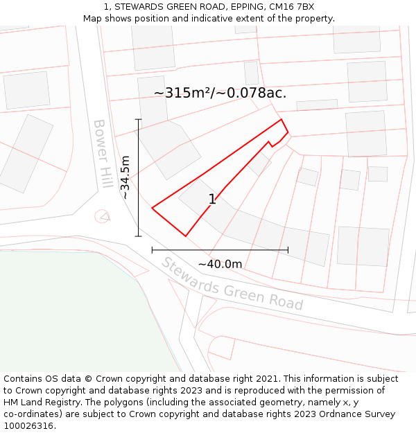 1, STEWARDS GREEN ROAD, EPPING, CM16 7BX: Plot and title map