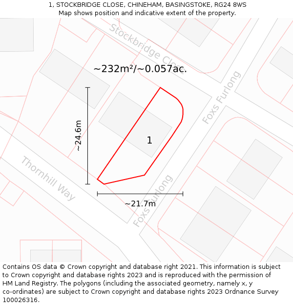 1, STOCKBRIDGE CLOSE, CHINEHAM, BASINGSTOKE, RG24 8WS: Plot and title map