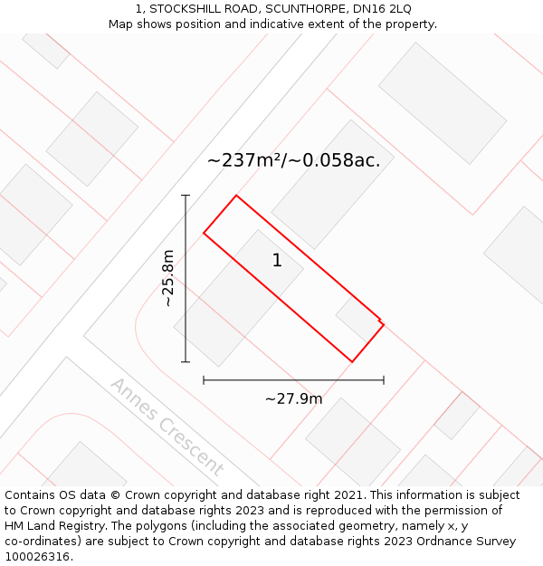 1, STOCKSHILL ROAD, SCUNTHORPE, DN16 2LQ: Plot and title map