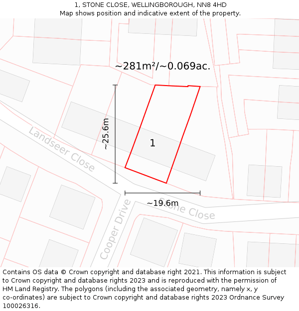 1, STONE CLOSE, WELLINGBOROUGH, NN8 4HD: Plot and title map