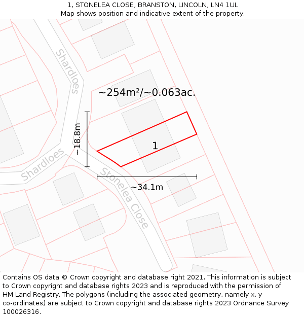 1, STONELEA CLOSE, BRANSTON, LINCOLN, LN4 1UL: Plot and title map