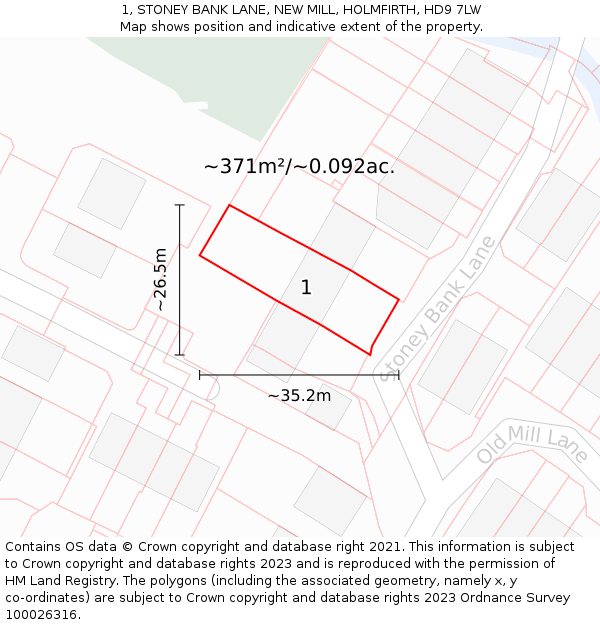 1, STONEY BANK LANE, NEW MILL, HOLMFIRTH, HD9 7LW: Plot and title map
