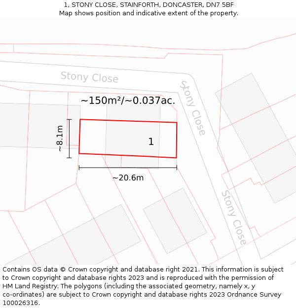 1, STONY CLOSE, STAINFORTH, DONCASTER, DN7 5BF: Plot and title map