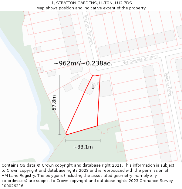 1, STRATTON GARDENS, LUTON, LU2 7DS: Plot and title map