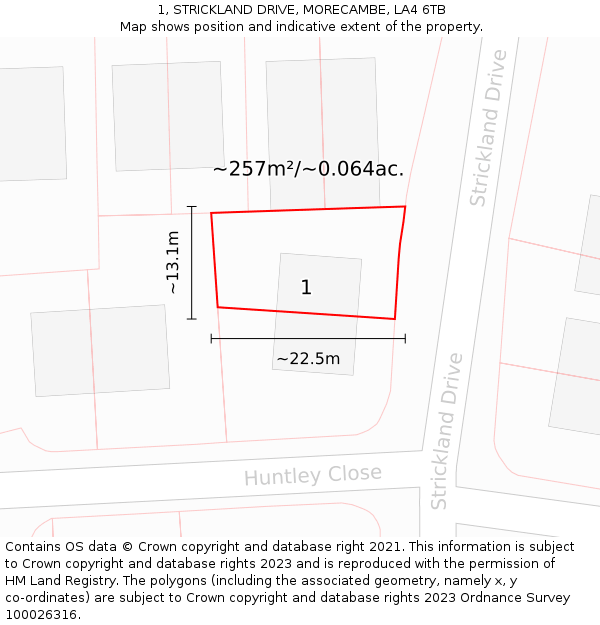 1, STRICKLAND DRIVE, MORECAMBE, LA4 6TB: Plot and title map