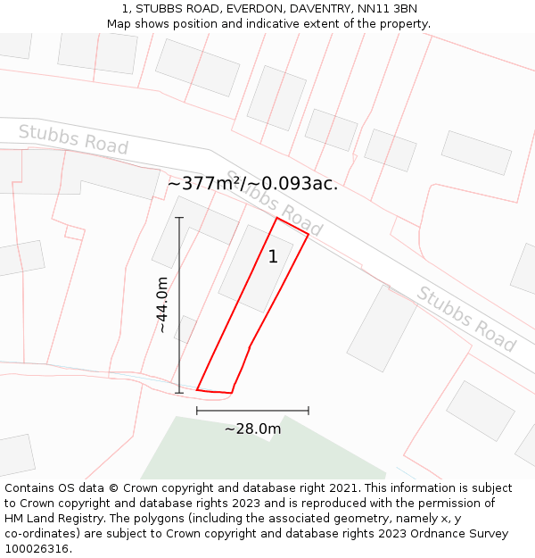1, STUBBS ROAD, EVERDON, DAVENTRY, NN11 3BN: Plot and title map