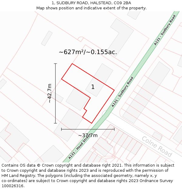 1, SUDBURY ROAD, HALSTEAD, CO9 2BA: Plot and title map