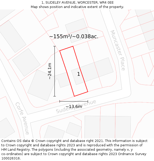 1, SUDELEY AVENUE, WORCESTER, WR4 0EE: Plot and title map